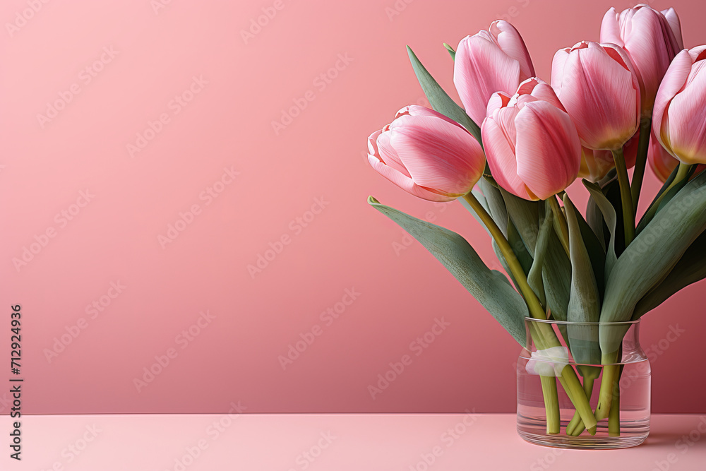 Pastel pink background featuring pink tulip blooms and copy space. AI Generative. Pastel pink background featuring pink tulip blooms and copy space. AI Generative.