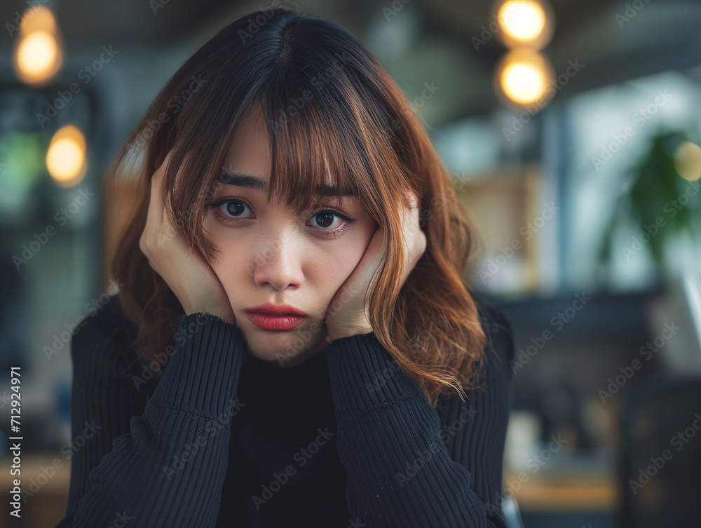 young asian woman in her 20s looking in the distance, stressed, upset, worried, at work / office job young asian woman in her 20s looking in the distance, stressed, upset, worried, at work / office job