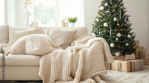  Ivory sofa with plush throw blanket near christmas tree. Hygge new year winter holiday home interior design of modern living room