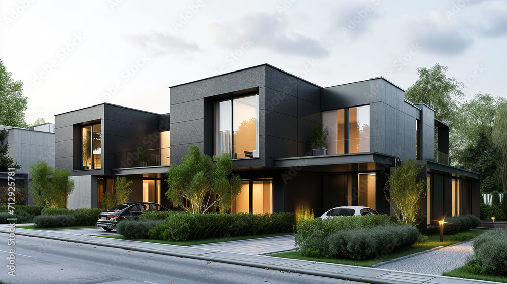  Modern modular private black townhouses. Residential architecture exterior