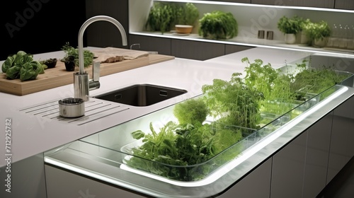 Smart kitchen countertops with built in herb gardens solid color background photo
