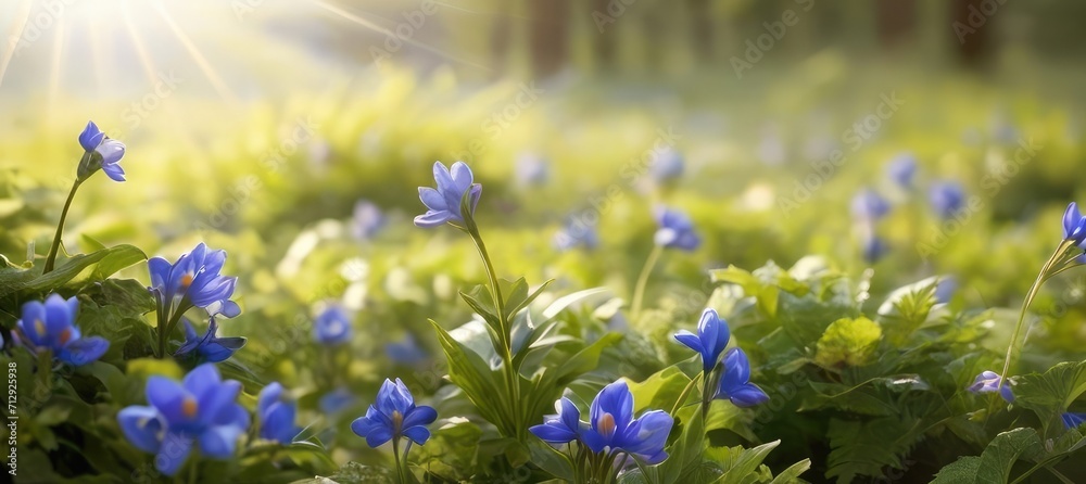 Siberian squill beds during the spring in garden or bloom at Easter time Generative Ai
