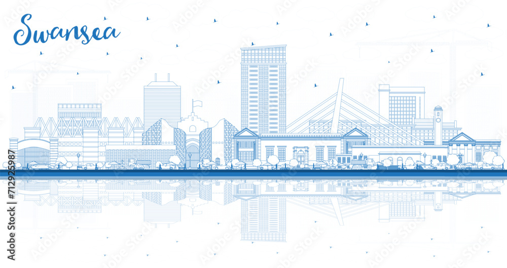 Outline Swansea Wales City Skyline with Blue Buildings and reflections. Swansea UK Cityscape with Landmarks. Business and Tourism Concept with Historic Architecture.