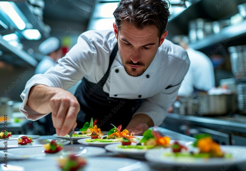Chef Garnishing Dish in Professional Kitchen. Chef Garnishing Dish in Professional Kitchen.