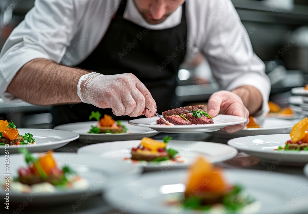 Chef Garnishing Dish in Professional Kitchen. Chef Garnishing Dish in Professional Kitchen.