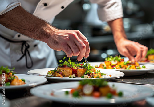 Chef Garnishing Dish in Professional Kitchen.