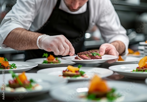 Chef Garnishing Dish in Professional Kitchen.