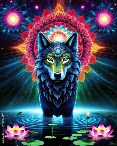 Hypnotic Encounter - Psychedelic self-discovery with lotus flower, wolf, and divine beings Gen AI photo
