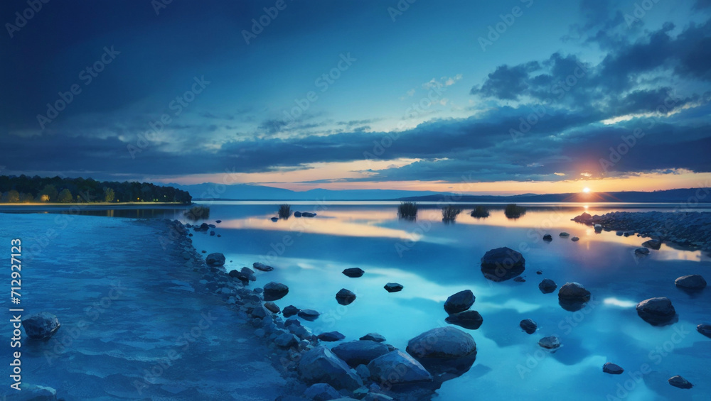 Obraz premium Landscape of a calm lake shore and sun rising behind it. Lake, Scenic, Shore