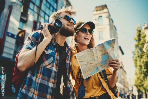 Young tourist couple with camera and map exploring the city photo