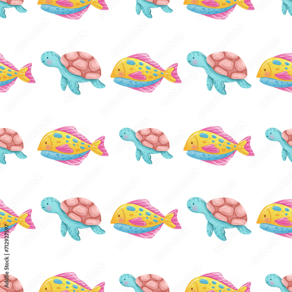 seamless pattern sea animals watercolor background