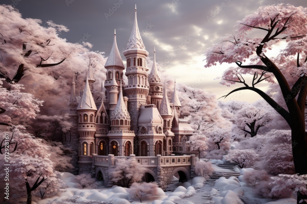 Gingerbread Castle in a Magical Snowfall, on an isolated Enchanted Purple background, Generative AI Gingerbread Castle in a Magical Snowfall, on an isolated Enchanted Purple background, Generative AI