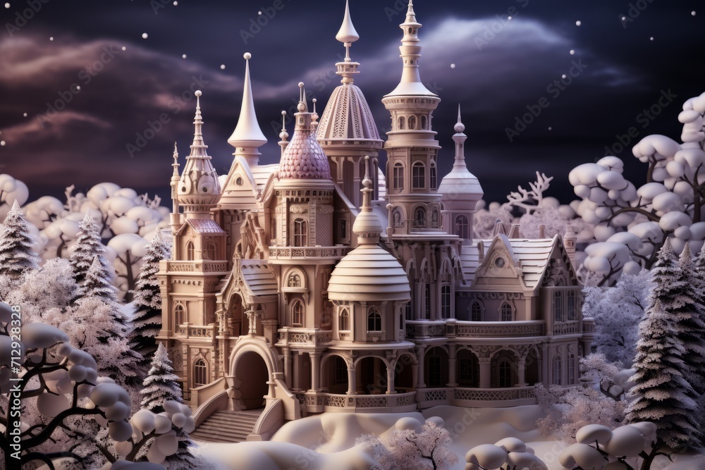 Obraz premium Gingerbread Castle in a Magical Snowfall, on an isolated Enchanted Purple background, Generative AI