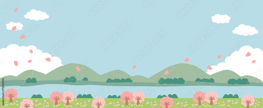 青空と山と川と桜の風景のイラスト 青空と山と川と桜の風景のイラスト
