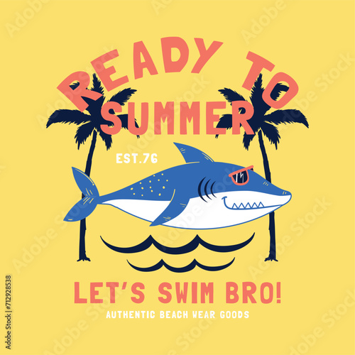 graphic tee print design with funny shark drawn as vector