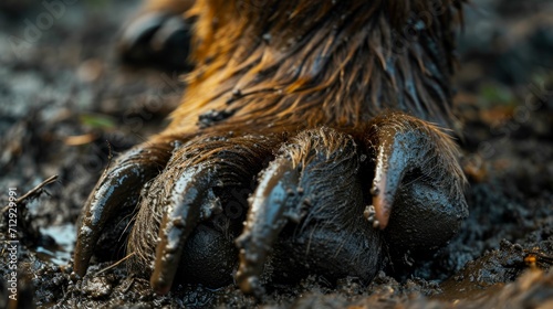 Bear's paw, caked in mud and soil, highlighting the ruggedness and natural elements of wildlife.