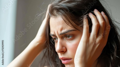woman very sad and upset looking at damaged hair, hair loss, hair thinning problem, vitamin deficiency, baldness, postpartum, biotin, zinc, menstrual or endocrine disorders, hormonal imbalance photo