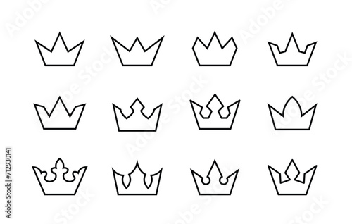 crowns. King crown sketches, majestic tiara, king and queen royal diadems line icons set, editable stroke isolated on white, linear vector outline illustration, symbol logo design style