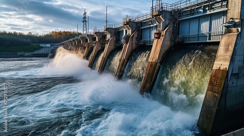 hydroelectric dam  water discharge through locks  river  power  energy  hydro  electricity  reservoir  flowing  waterfall  spillway  nature  industrial  environment 