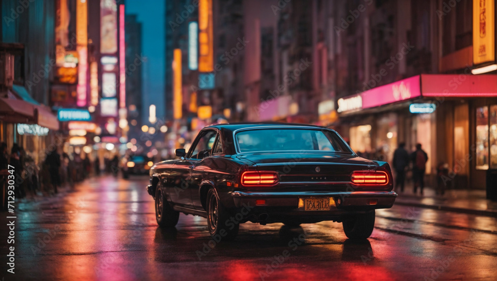 A black car on a city road, vintage