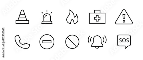 Emergency icon set. Containing ambulance, lifebuoy, first aid, police, medical, emergency exit, hospital and SOS line icons set, editable stroke isolated on white, linear vector outline illustration photo