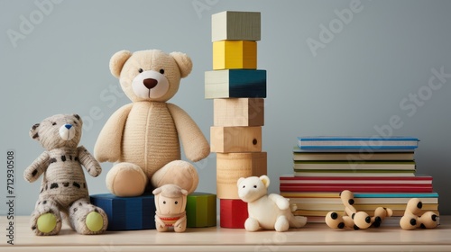 Children's toys, teddy bears, stacks of books and wood stack towers, happy childhood. © Ahmadi