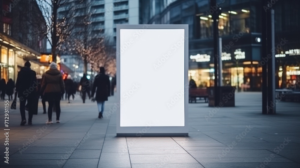 Mockup of a blank and clean screen or signboard displayed in a public area, with people walking in the background. Mockup of a blank and clean screen or signboard displayed in a public area, with people walking in the background.