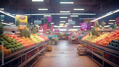 A spacious supermarket features a broad aisle brimming with fruits and vegetables.