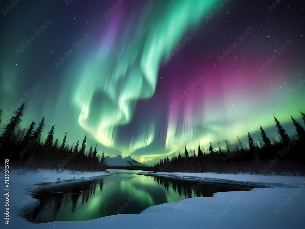 Beautiful Sky with Aurora and Stars - Green Northern Lights Background with Ample Copy Space.