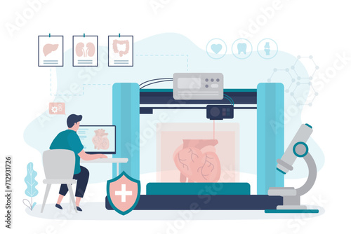 3D Bioprinter. Human Organs replicated. Concept of bioprinting of tissues and organs. Scientist at workplace with 3D printer. Laboratory staff or male medical worker.