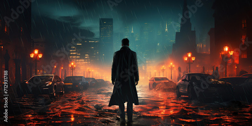 silhouette of back of a maniac detective in a coat on street in the city at night in the rain with fog. Mystical dark poster banner photo