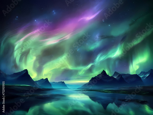 Beautiful Sky with Aurora and Stars - Green Northern Lights Background with Ample Copy Space.