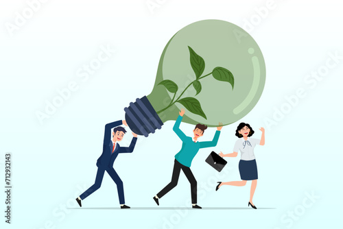 People employees carry ESG, sustainable lightbulb, sustainability, ESG, eco environment friendly or clean energy solution, green renewable power, reuse or recycle ecosystem, green corporate (Vector)