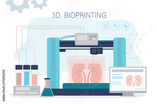 3D Bioprinter printing kidneys. Human organ replicating. Concept of bioprinting of tissues, bones and internal organs. Bioprintering, technology of transplantation new organs
