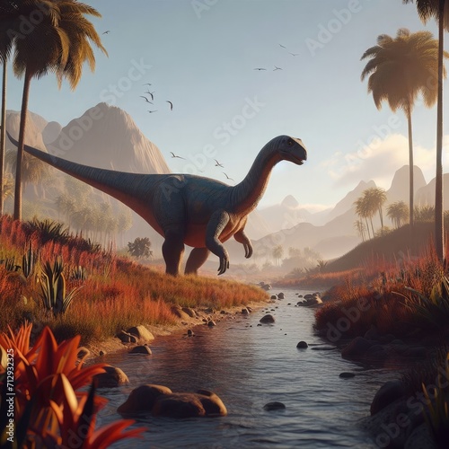 Jurassic Haven: A Dinosaur in a Mystic Landscape photo