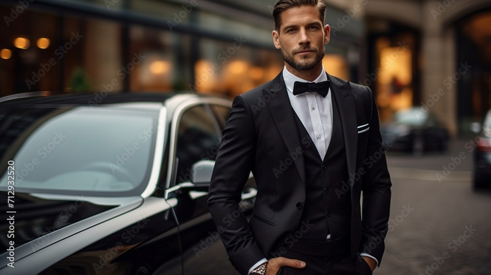 Handsome man wearing black suit getting in his black car, professional chauffer, garbing customer bag, blurred background.