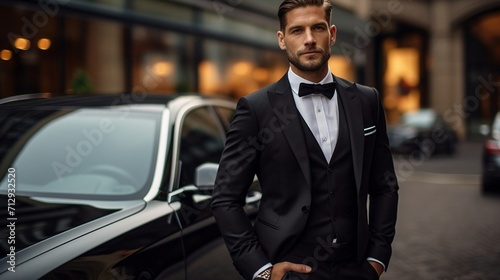 Handsome man wearing black suit getting in his black car, professional chauffer, garbing customer bag, blurred background. © Jalil