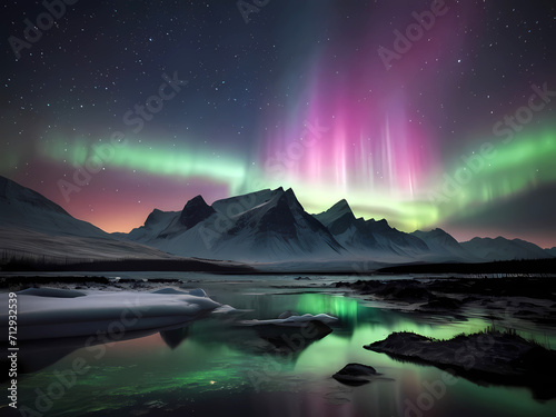 Beautiful Sky with Aurora and Stars - Green Northern Lights Background with Ample Copy Space. © Md