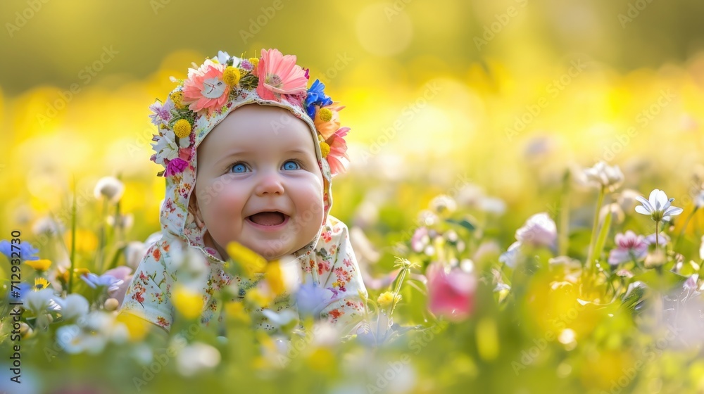 Happy baby girl in meadow in flower costume Happy baby girl in meadow in flower costume