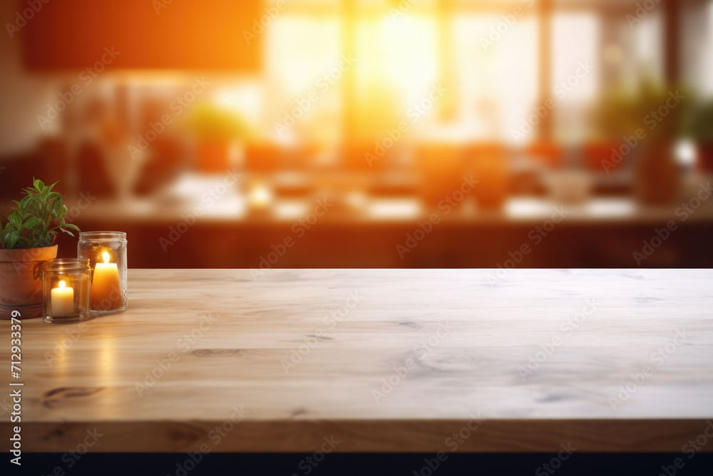Wooden Table with Candles and Potted Plant Wooden Table with Candles and Potted Plant