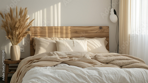  Bed with wood headboard and beige bedding. Scandinavian, boho interior design of modern bedroom