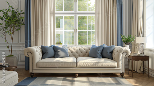 Beige and blue sofas against window in classic room. Interior design of modern living room
