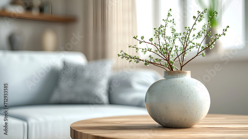 Close up of ceramic vase with blossom twigs on round wooden coffee table against grey sofa and window. Minimalist home interior design of modern living room.generative ai