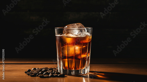 espresso tonic on wooden table in a modern minimalist cafe