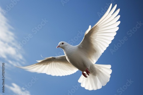 A radiant, white bird resembling a symbol of peace, soaring against a backdrop of the sky. Generative AI