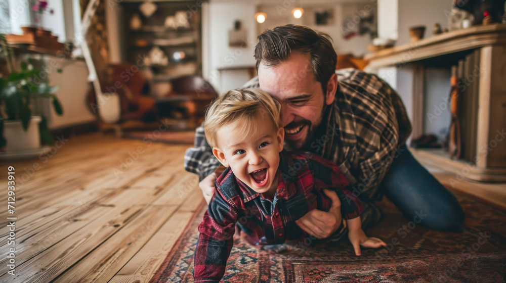 Fototapeta premium Man and Boy Laying on Floor