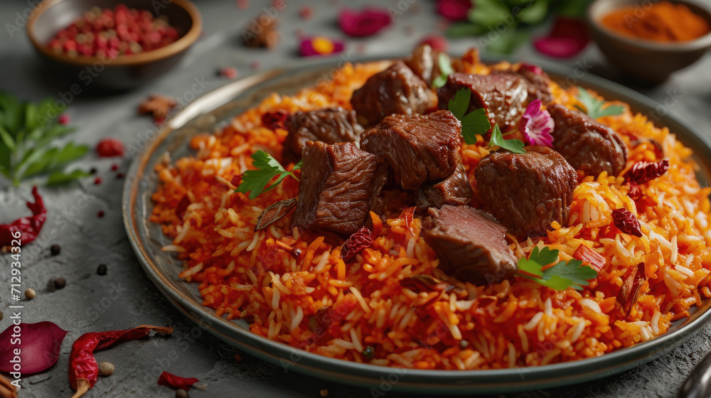 Plate of Meat and Rice on Table Plate of Meat and Rice on Table