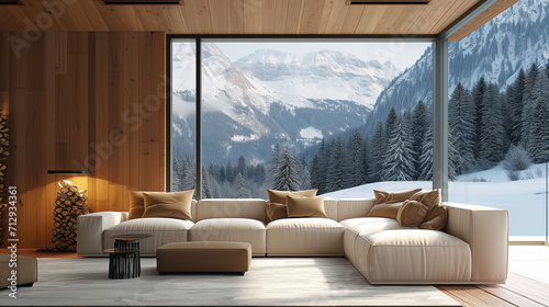 Corner sofa in room with wooden lining paneling wall and ceiling. Minimalist home interior design of modern living room in chalet, panoramic window with great winter snow mountain landscape view
