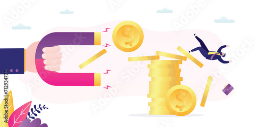 Financial problem or bankruptcy due to corruption or fraud, business collapse. Banker hand uses magnet and pulls money from stack of coins. Bad money management