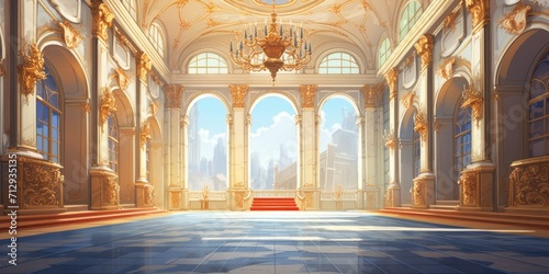 Illustration of a long hall in an antique castle s interior.